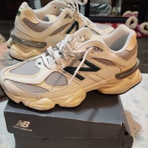 New Balance White, Cream, And Green Sneakers